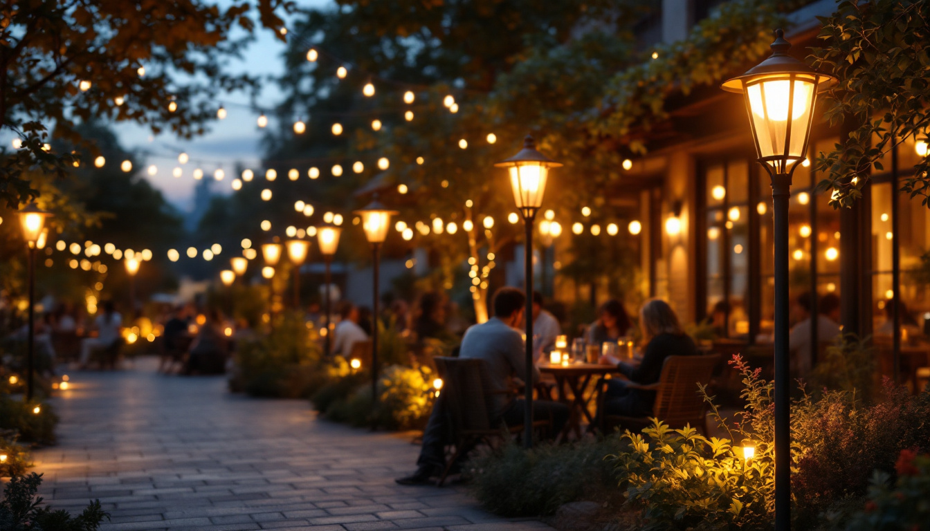 A photograph of a beautifully illuminated outdoor space featuring stylish post lights
