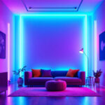 A photograph of a well-lit interior space showcasing vibrant led light strips installed along walls