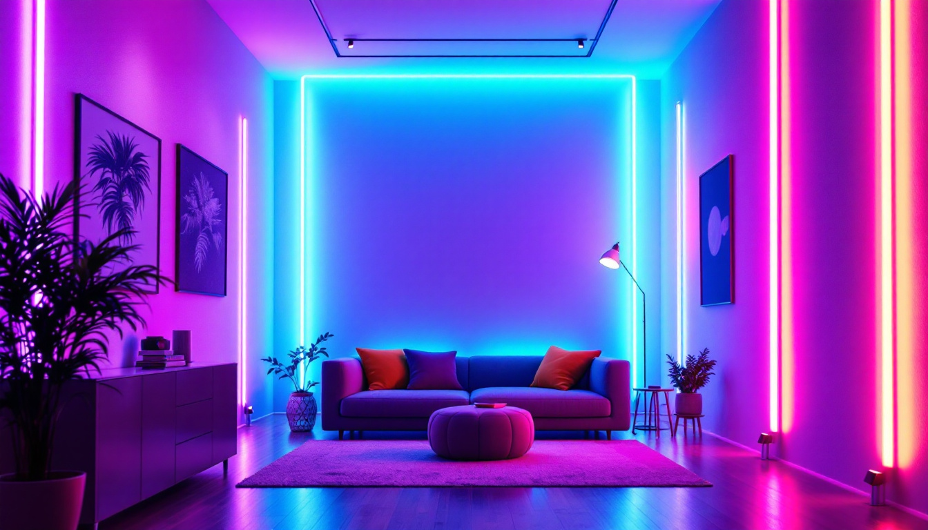 A photograph of a well-lit interior space showcasing vibrant led light strips installed along walls