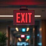 A photograph of a well-lit exit sign in a commercial building