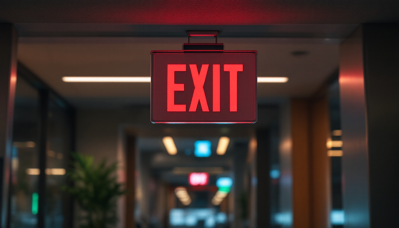 A photograph of a well-lit exit sign in a commercial building