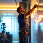 A photograph of a skilled lighting contractor installing vibrant led strip lights in a modern interior space