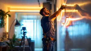 A photograph of a skilled lighting contractor installing vibrant led strip lights in a modern interior space
