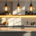 A photograph of a beautifully designed kitchen island featuring stylish pendant lights