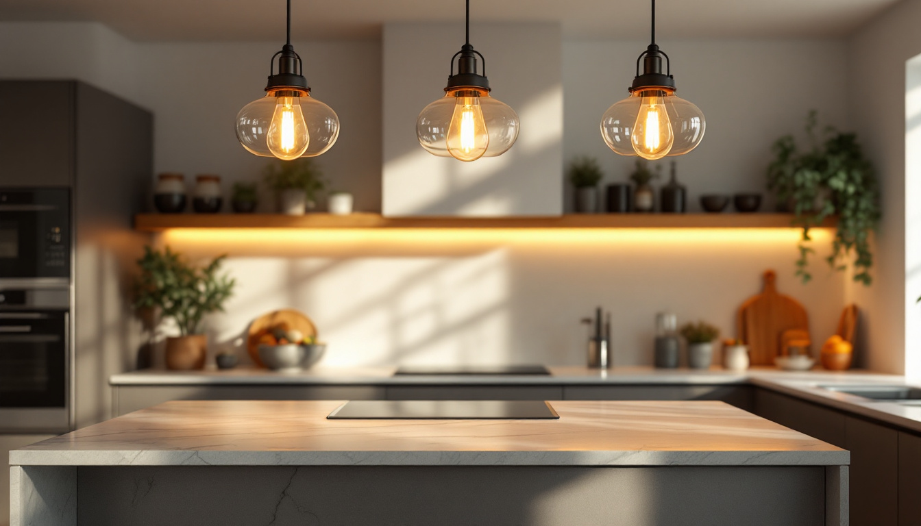 A photograph of a beautifully designed kitchen island featuring stylish pendant lights