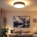 A photograph of a stylish flush mount light fixture installed in a modern living space