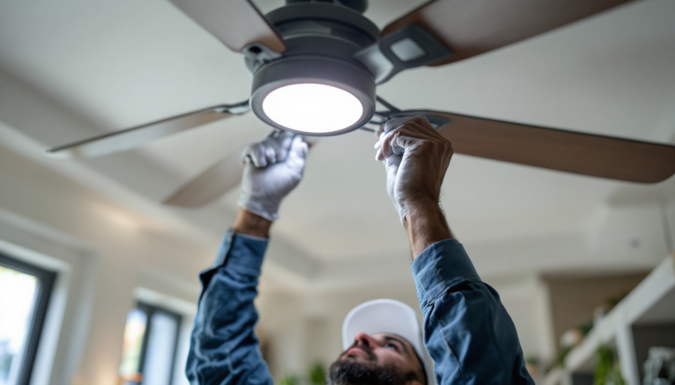 A photograph of a skilled lighting contractor installing or adjusting a ceiling fan switch in a well-lit room