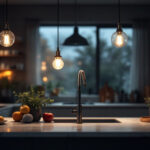 A photograph of a beautifully designed kitchen featuring stylish hanging lights