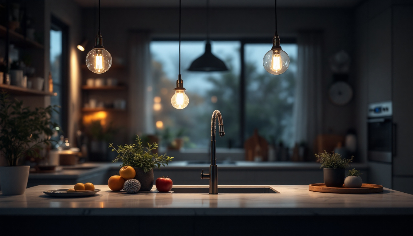 A photograph of a beautifully designed kitchen featuring stylish hanging lights