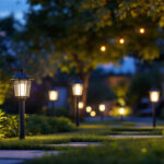 A photograph of a beautifully illuminated outdoor space featuring various solar lighting installations