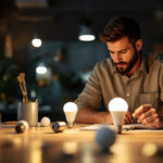 A photograph of a well-lit workspace featuring a variety of a19 bulbs in different settings