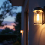 A photograph of a beautifully designed exterior light fixture installed in a stylish outdoor setting