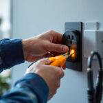 A photograph of a skilled lighting contractor expertly installing or inspecting a modern power outlet in a well-lit residential or commercial space