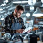 A photograph of a skilled lighting contractor examining a variety of ballasts and lighting fixtures in a well-lit workshop
