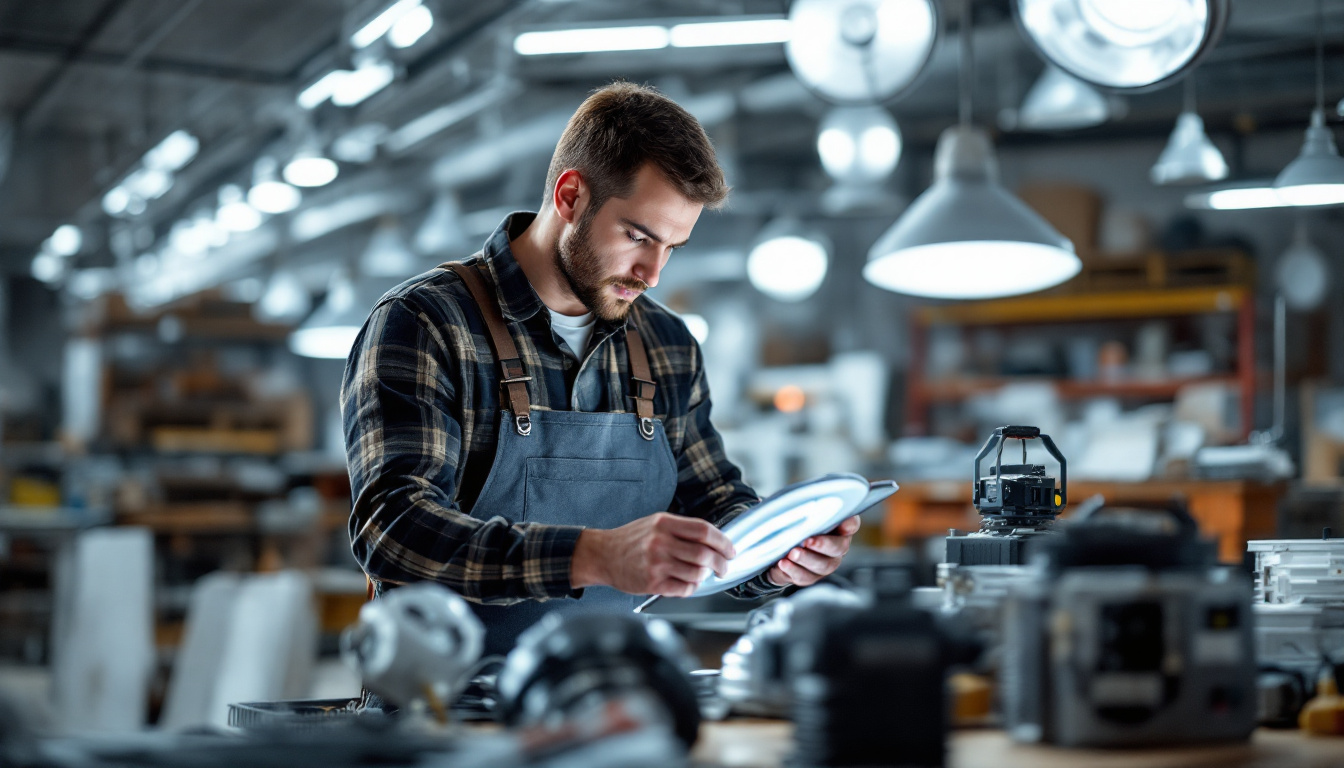A photograph of a skilled lighting contractor examining a variety of ballasts and lighting fixtures in a well-lit workshop