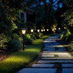 A photograph of a beautifully illuminated outdoor pathway lined with modern solar path lights
