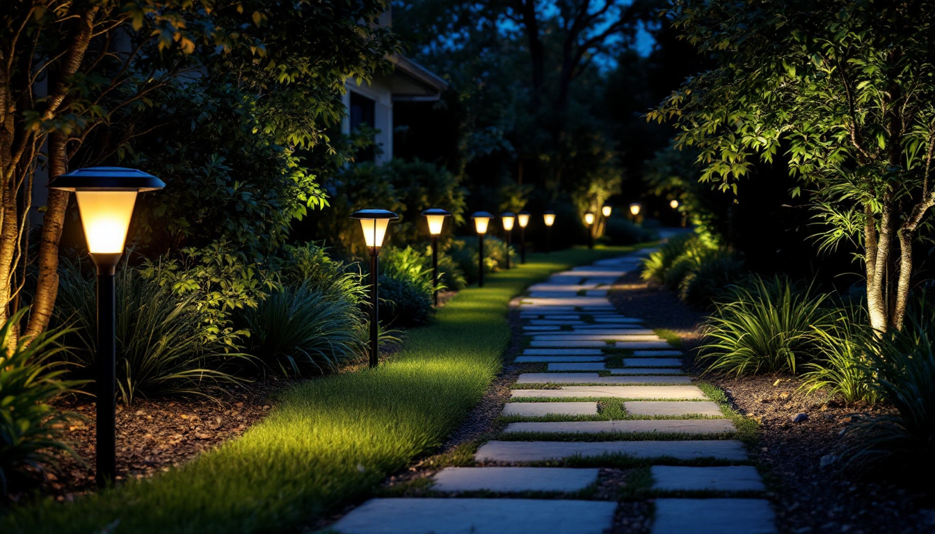 A photograph of a beautifully illuminated outdoor pathway lined with modern solar path lights