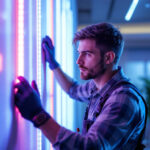 A photograph of a skilled lighting contractor installing vibrant led strips in a modern interior setting