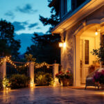 A photograph of a beautifully illuminated outdoor porch featuring stylish lighting fixtures