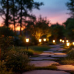 A photograph of a beautifully illuminated outdoor landscape featuring solar landscape lights highlighting pathways