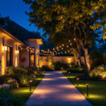 A photograph of a beautifully illuminated outdoor space at dusk