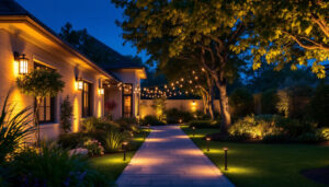 A photograph of a beautifully illuminated outdoor space at dusk