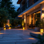 A photograph of a beautifully illuminated outdoor space showcasing various styles of solar exterior lights