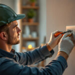 A photograph of an electrician installing or inspecting an electric outlet in a residential setting
