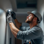 A photograph of a skilled lighting contractor installing recessed lighting in a modern home setting