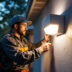 A photograph of a lighting contractor installing or adjusting a motion sensor light in a residential or commercial setting