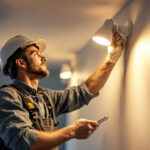 A photograph of a lighting contractor installing or inspecting modern led light fixtures in a residential or commercial setting