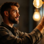 A photograph of a skilled lighting contractor at work
