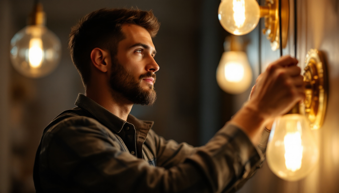 A photograph of a skilled lighting contractor at work