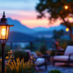 A photograph of a beautifully designed outdoor lamp illuminating a cozy patio setting at dusk