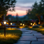 A photograph of a beautifully illuminated outdoor space featuring solar-powered yard lights
