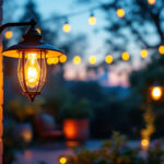 A photograph of a beautifully designed outdoor light fixture illuminating a charming patio or garden setting at dusk