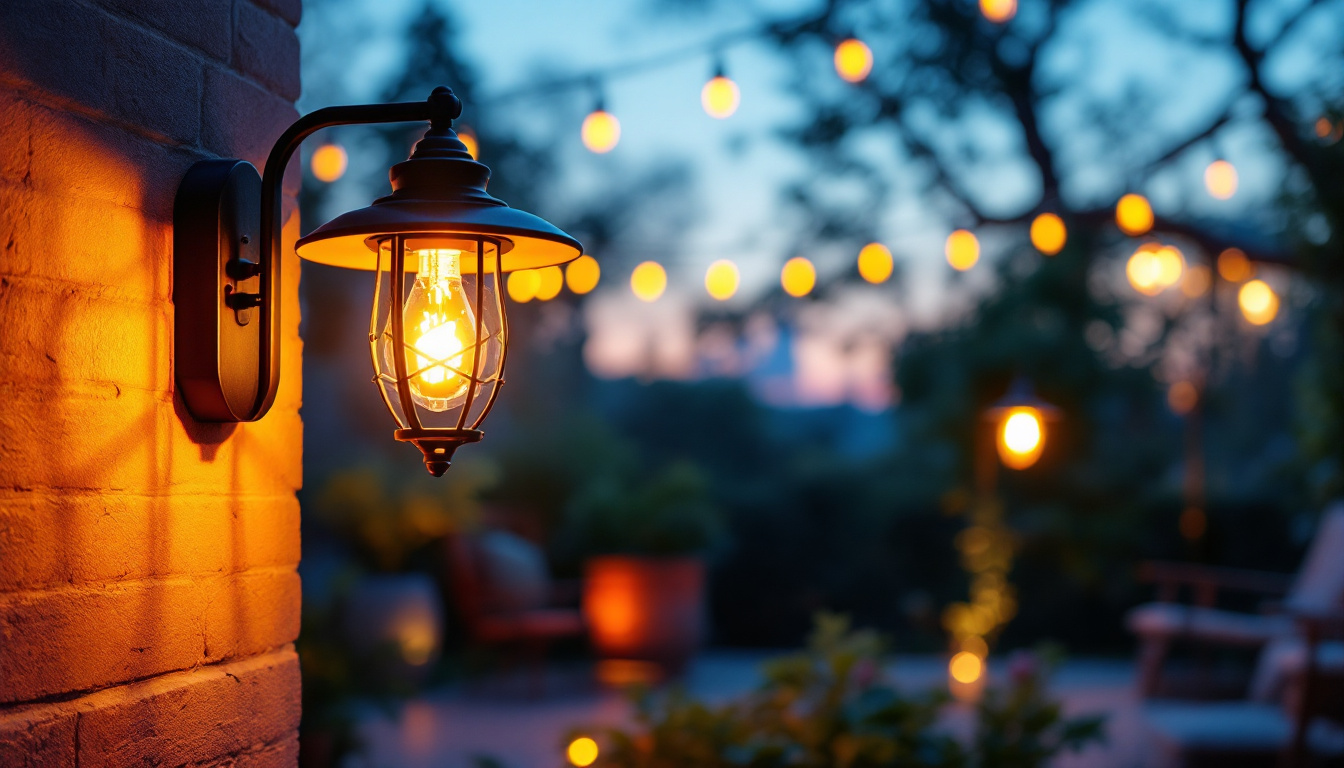 A photograph of a beautifully designed outdoor light fixture illuminating a charming patio or garden setting at dusk