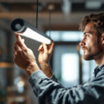 A photograph of a skilled lighting contractor installing or adjusting a modern tube light in a well-lit space
