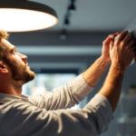 A photograph of a skilled lighting contractor installing or adjusting a modern light fixture in a beautifully lit room