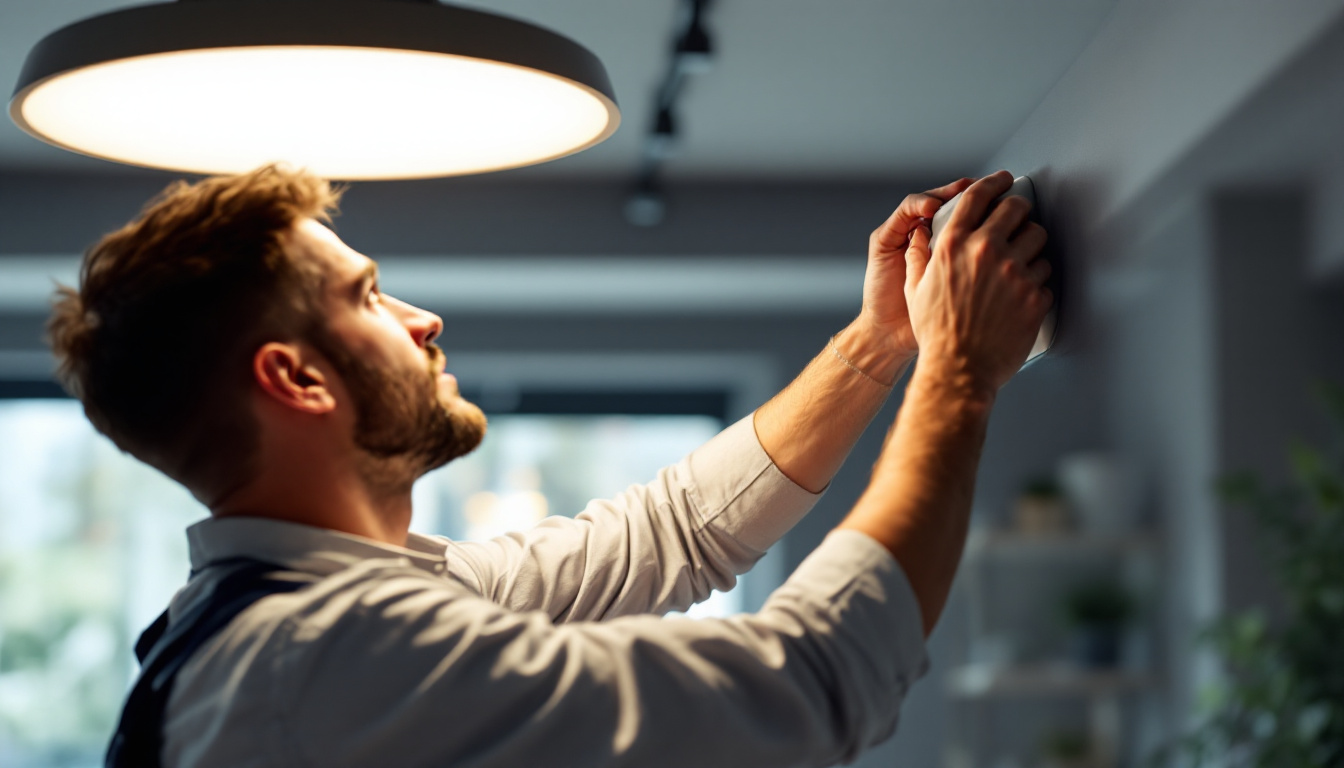 A photograph of a skilled lighting contractor installing or adjusting a modern light fixture in a beautifully lit room