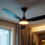 A photograph of a well-designed ceiling fan in a stylishly lit room