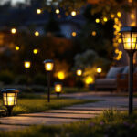 A photograph of a beautifully illuminated outdoor space featuring various styles of solar lights