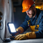 A photograph of a lighting contractor in action