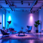 A photograph of a stylishly designed interior space featuring various track lighting installations