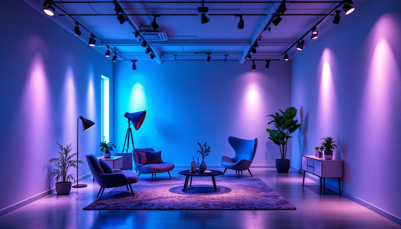 A photograph of a stylishly designed interior space featuring various track lighting installations