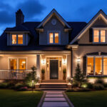 A photograph of a beautifully illuminated exterior of a house at dusk
