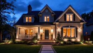 A photograph of a beautifully illuminated exterior of a house at dusk