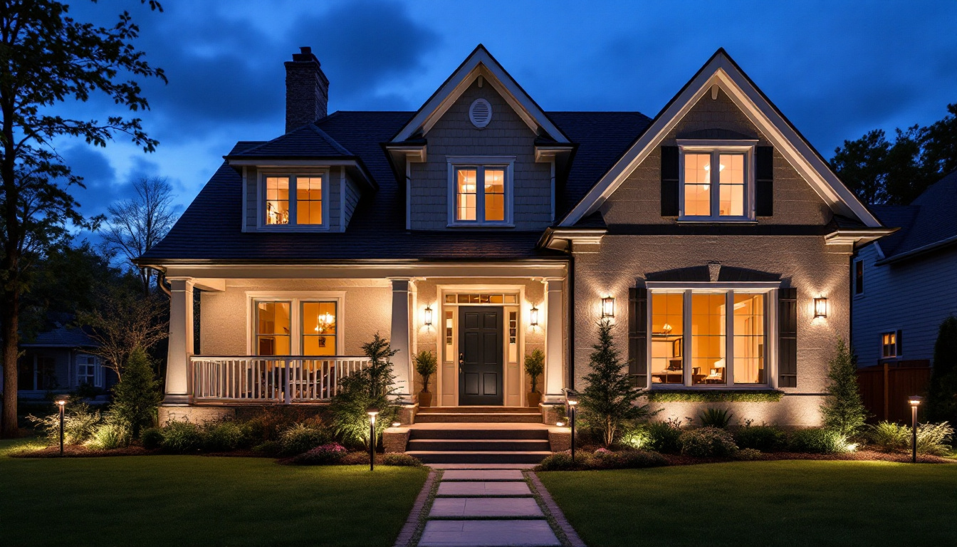 A photograph of a beautifully illuminated exterior of a house at dusk