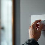 A photograph of a skilled lighting contractor adjusting a modern dimmer switch in a stylishly lit room