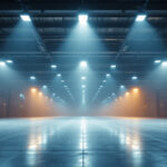 A photograph of a well-lit industrial or commercial space showcasing multiple 400w high bay lights in action